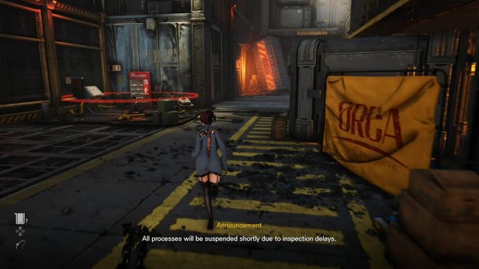 Eve from Stellar Blade looking at a Camp in the Spire 4 area.