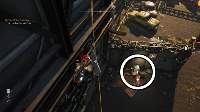 Eve from Stellar Blade looking at a Camp in the Spire 4 area.