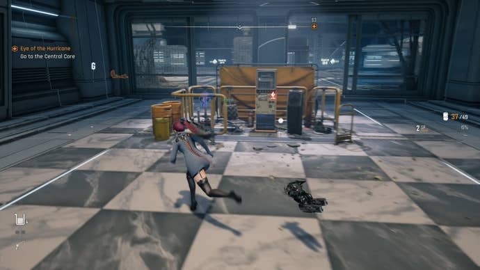 Eve from Stellar Blade looking at a Camp in the Spire 4 area.