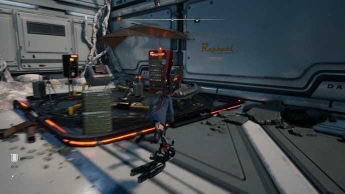 Eve from Stellar Blade looking at a Camp in the Spire 4 area.