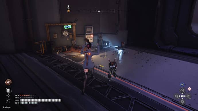 Eve from Stellar Blade looking at a Camp in the Spire 4 area.