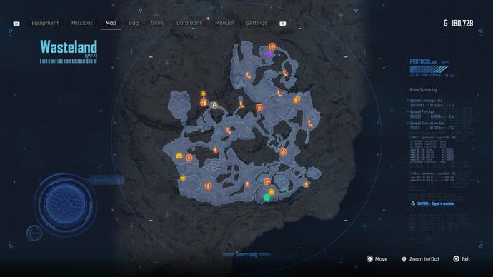 Map view of the Wasteland area in Stellar Blade with Camp location icons.