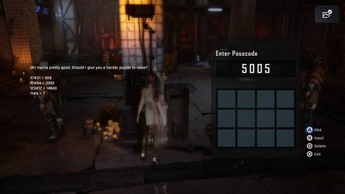 Eve blurred in the background at a terminal, with a keypad showing the Wisdom Puzzle code solution in Stellar Blade.