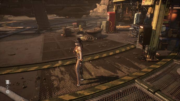 Eve from Stellar Blade looking at a Camp in the Xion area.