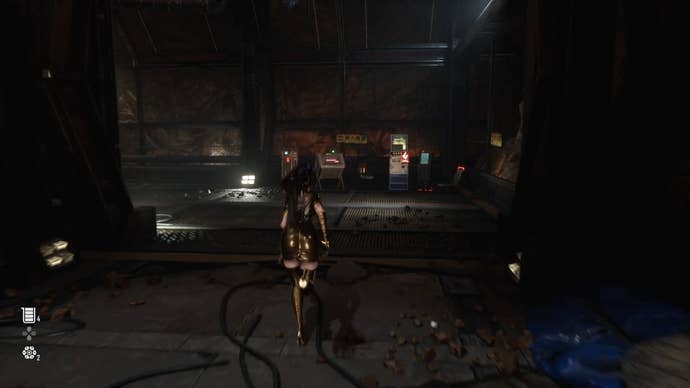 Eve from Stellar Blade looking at a Camp in the Xion area.