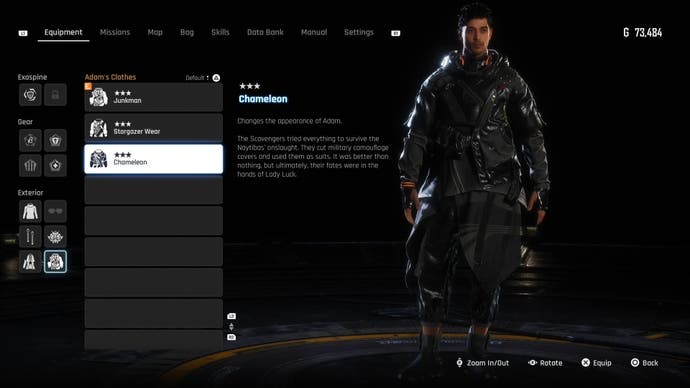 Menu view of Adam's Chameleon outfit in Stellar Blade.