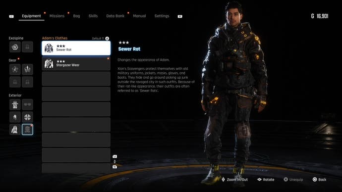 Menu view of Adam's Sewer Rat outfit in Stellar Blade.