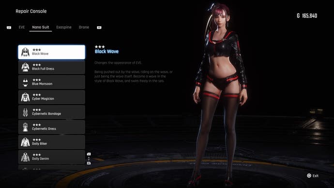 Menu view of the Black Wave outfit in Stellar Blade.