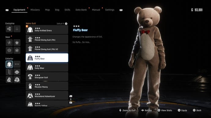 Menu view of Eve's Fluffy Bear outfit in Stellar Blade.