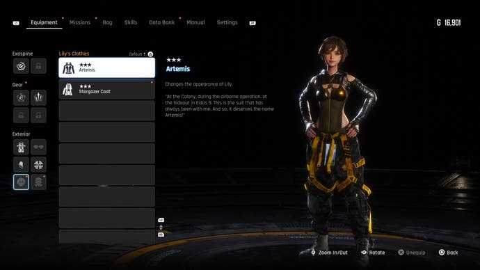 Menu view of Lily's Artemis outfit in Stellar Blade.