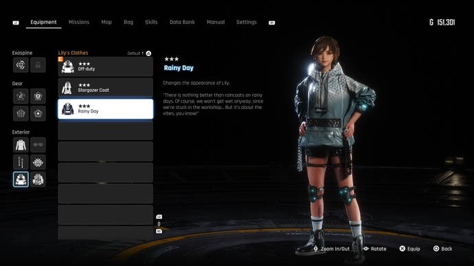 Menu view of Lily's Rainy Day outfit in Stellar Blade.