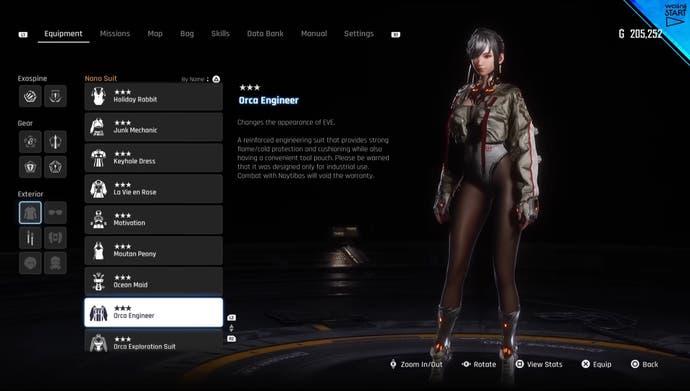 Menu view of Eve's Orca Engineer outfit in Stellar Blade.