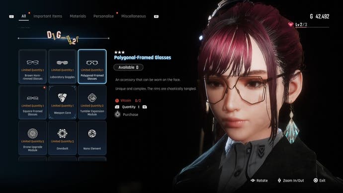 Menu view of Eve's Polygonal Framed glasses in Stellar Blade.