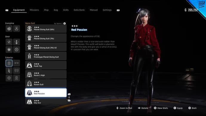 Menu view of Eve's Red Passion outfit in Stellar Blade.