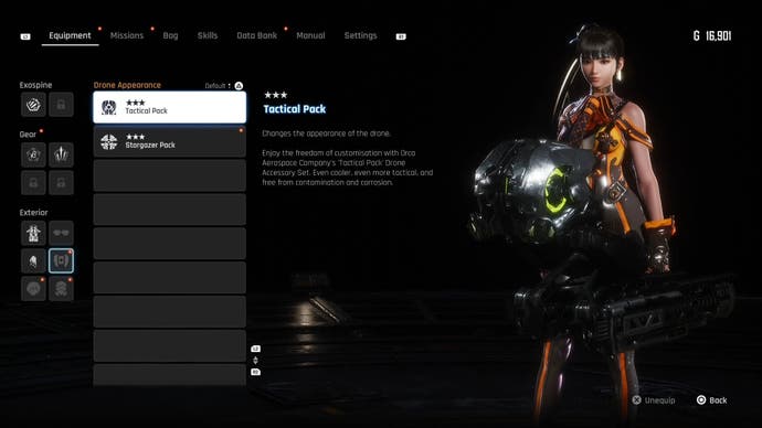 Menu view of the drone outfit Tactical Pack in Stellar Blade.