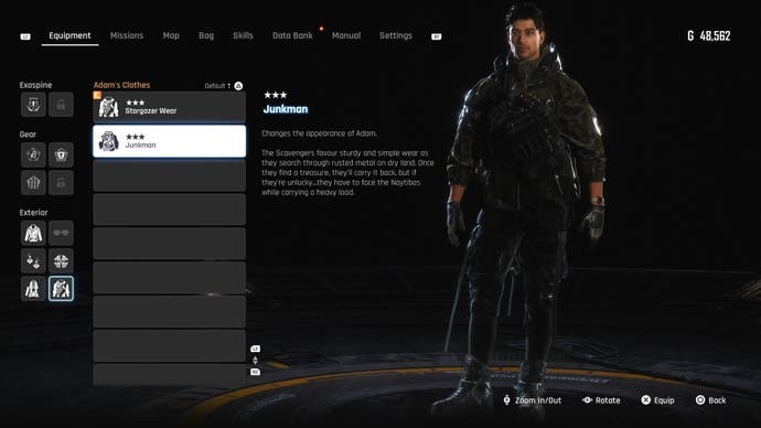 Menu view of Adam's Junkman outfit in Stellar Blade.