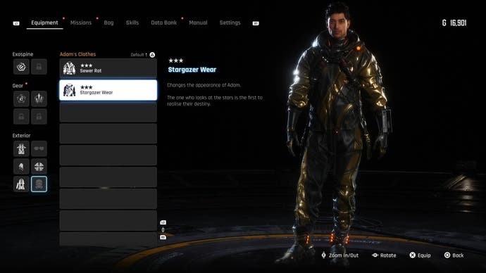 Menu view of Adam's Stargazer outfit in Stellar Blade.