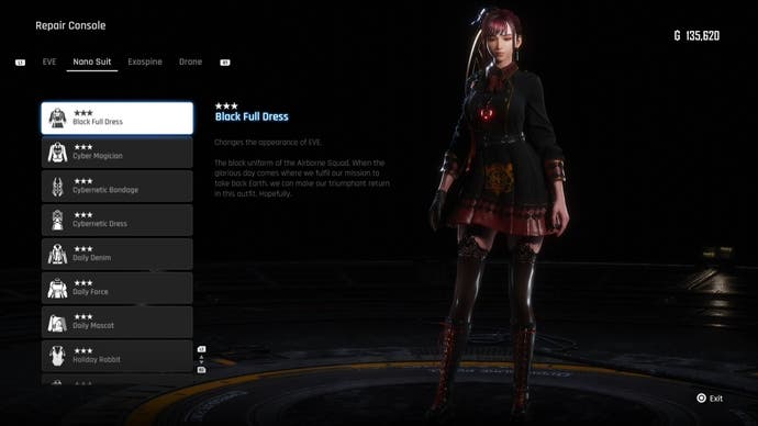 Menu view of Eve's Black Full Dress outfit in Stellar Blade.