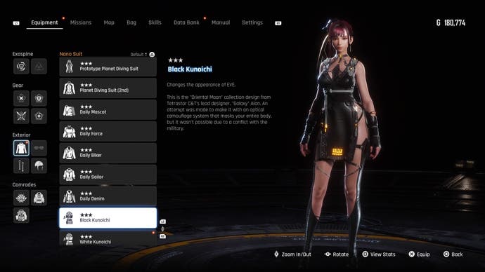 Eve wearing the Black Kunoichi outfit on the menu of Stellar Blade.