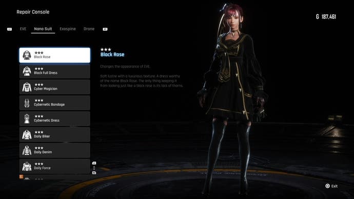 Menu view of Eve's Black Rose outfit in Stellar Blade.