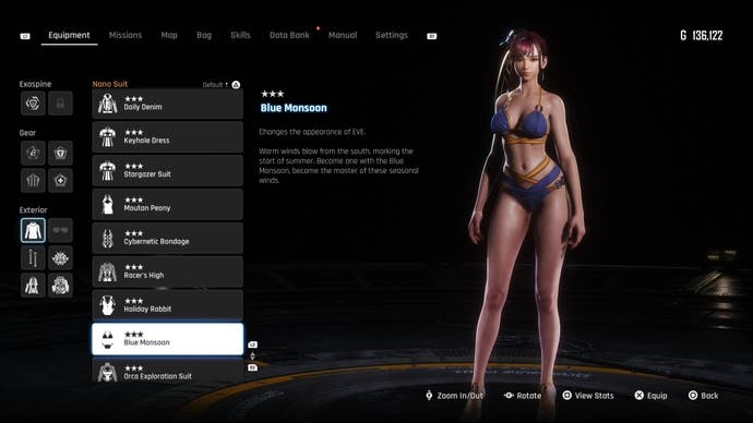 Menu view of Eve's Blue Monsoon outfit in Stellar Blade.