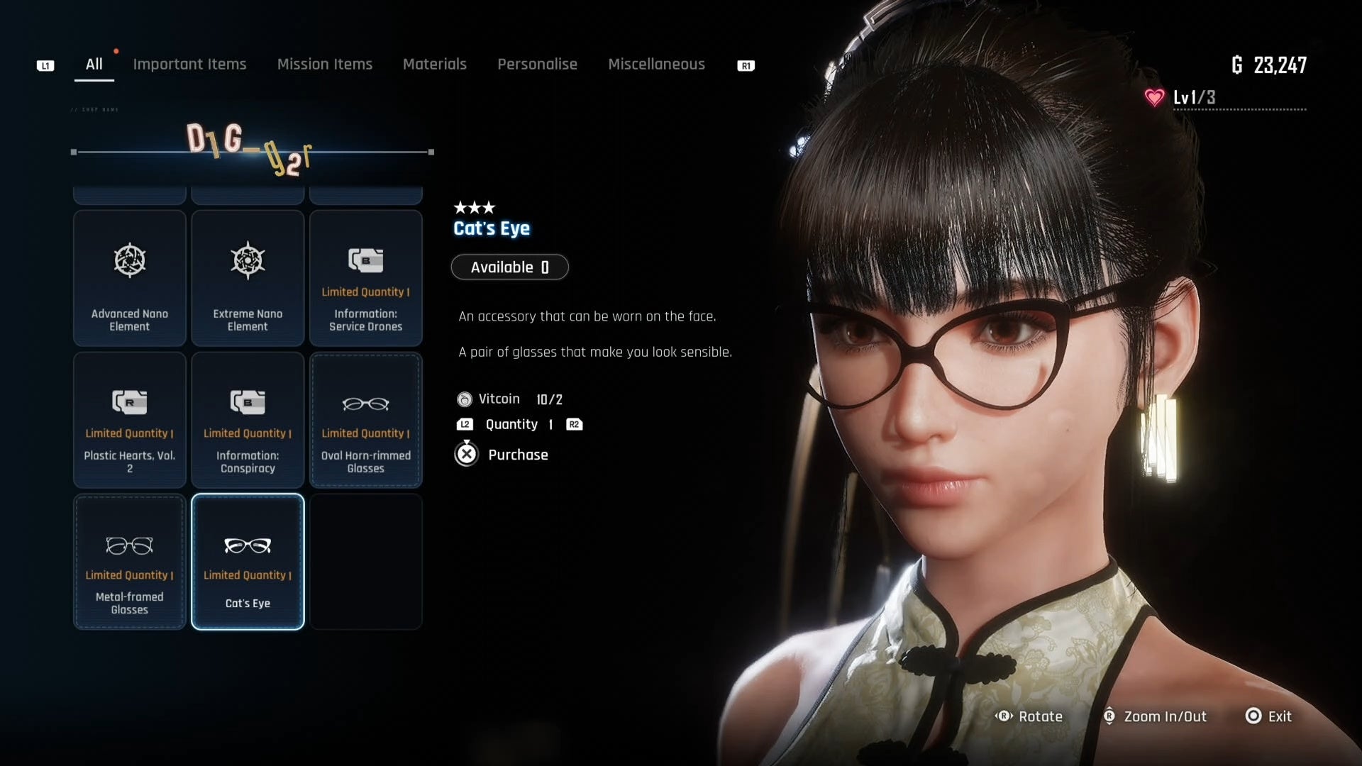 Menu view of Eve&rsquo;s Cat&rsquo;s Eye glasses in Stellar Blade.