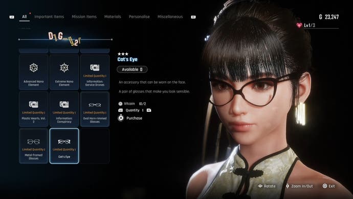 Menu view of Eve's Cat's Eye glasses in Stellar Blade.