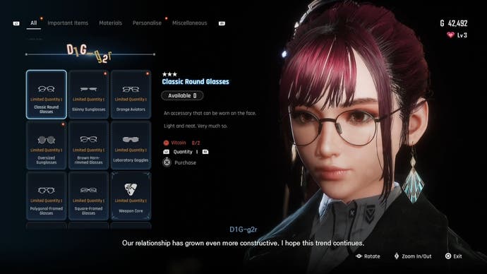 Menu view of Eve's Classic Round glasses in Stellar Blade.