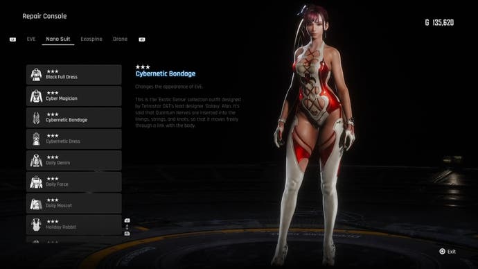 Menu view of Eve's Cybernetic Bondage outfit in Stellar Blade.