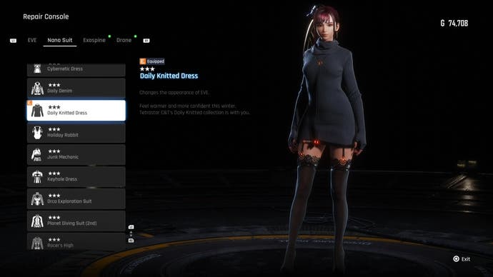 Menu view of Eve's Knitte Dress outfit in Stellar Blade.