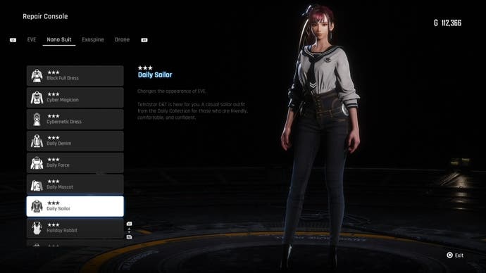 Menu view of Eve's Daily Sailor outfit in Stellar Blade.