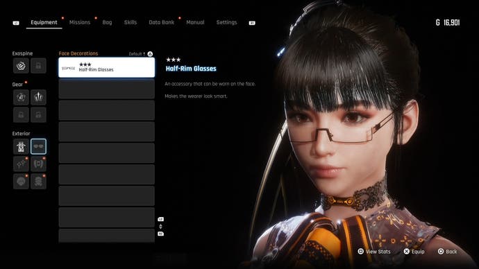 Menu view of Eve's Half-Rim glasses in Stellar Blade.