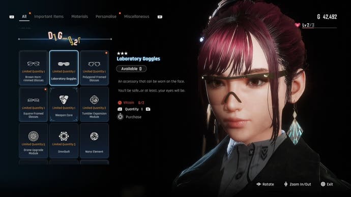 Menu view of Eve's Laboratory Goggle glasses in Stellar Blade.