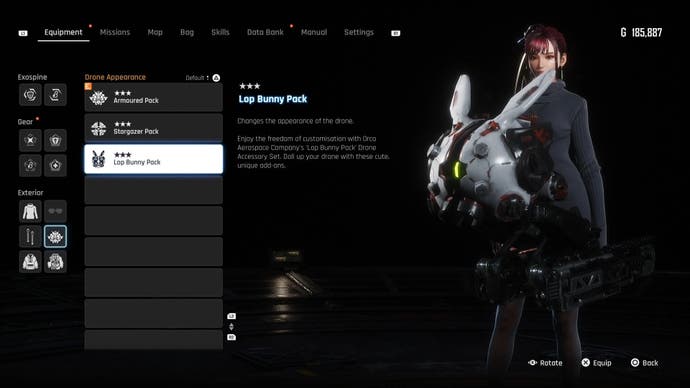Menu view of the drone's Lop Bunny outfit in Stellar Blade.