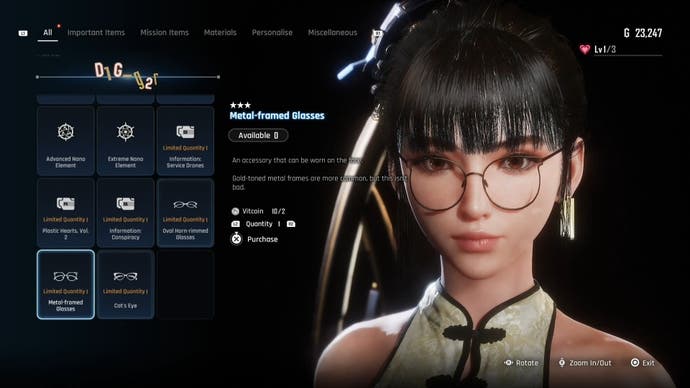 Menu view of Eve's Metal Framed glasses in Stellar Blade.