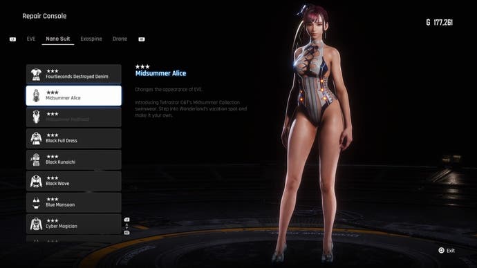 Eve wearing the Midsummer Alice outfit on the menu of Stellar Blade.