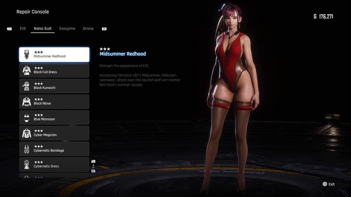 Eve wearing the Midsummer Redhood outfit on the menu of Stellar Blade.