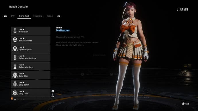 Menu view of Eve's Motivation outfit in Stellar Blade.