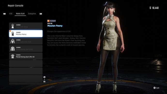 Menu view of Eve's Moutan Peony outfit in Stellar Blade.