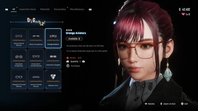 Menu view of Eve's Orange Aviatars glasses in Stellar Blade.