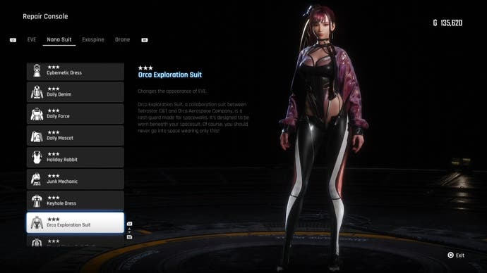 Menu view of Eve's Orca Exploration outfit in Stellar Blade.