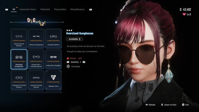 Menu view of Eve's Oversized Sunglasses in Stellar Blade.