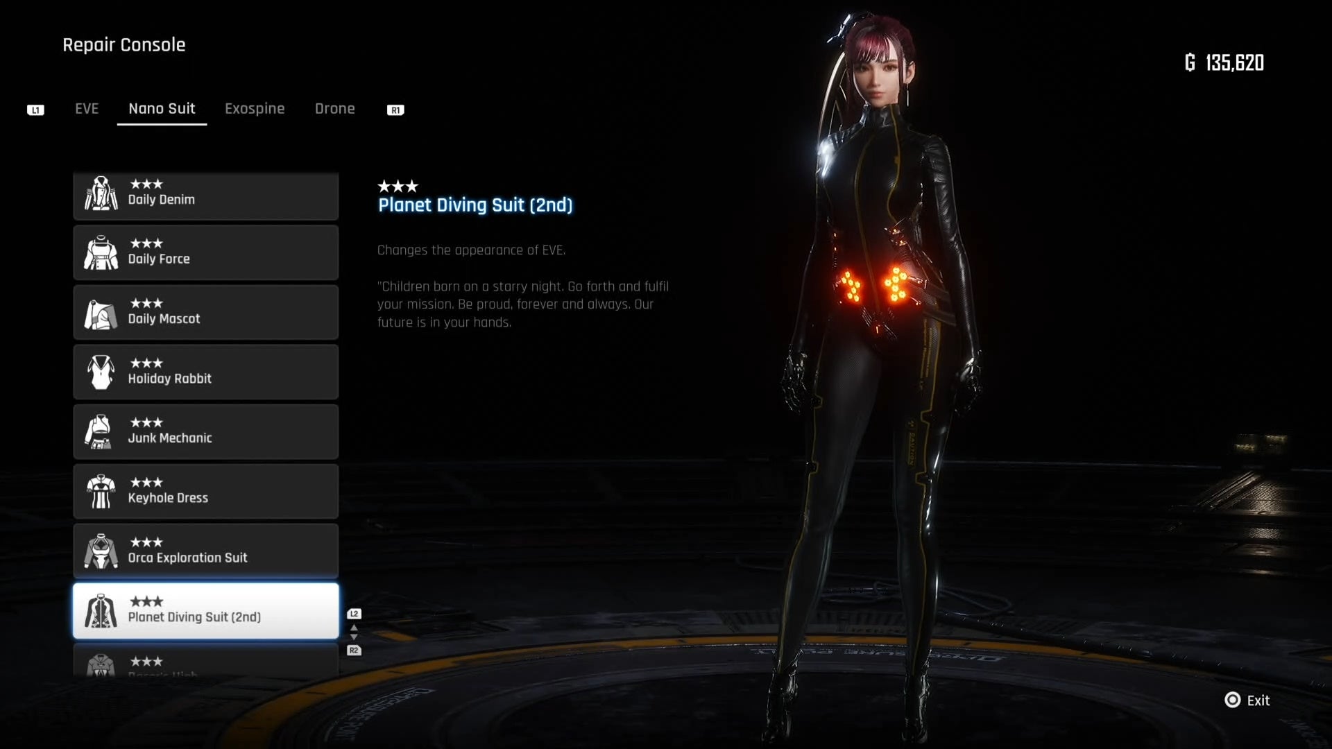 Menu view of Eve&rsquo;s Planet Diving Suit (2nd) outfit in Stellar Blade.