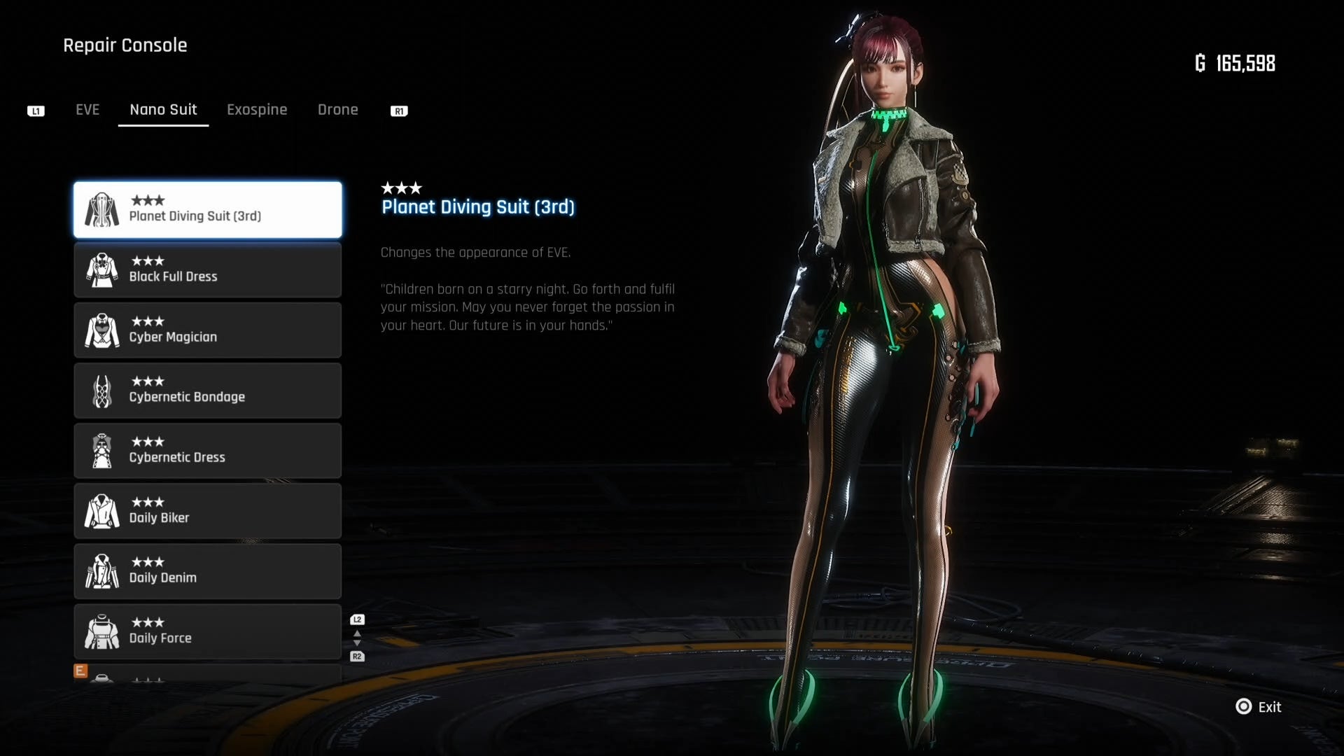 Menu view of Eve&rsquo;s Planet Diving Suit (3rd) outfit in Stellar Blade.