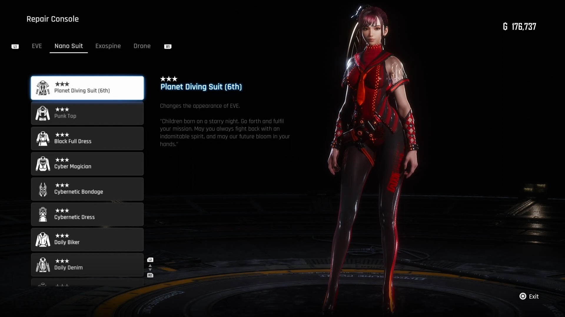 Menu view of Eve&rsquo;s Plant Diving Suit (6th) outfit in Stellar Blade.
