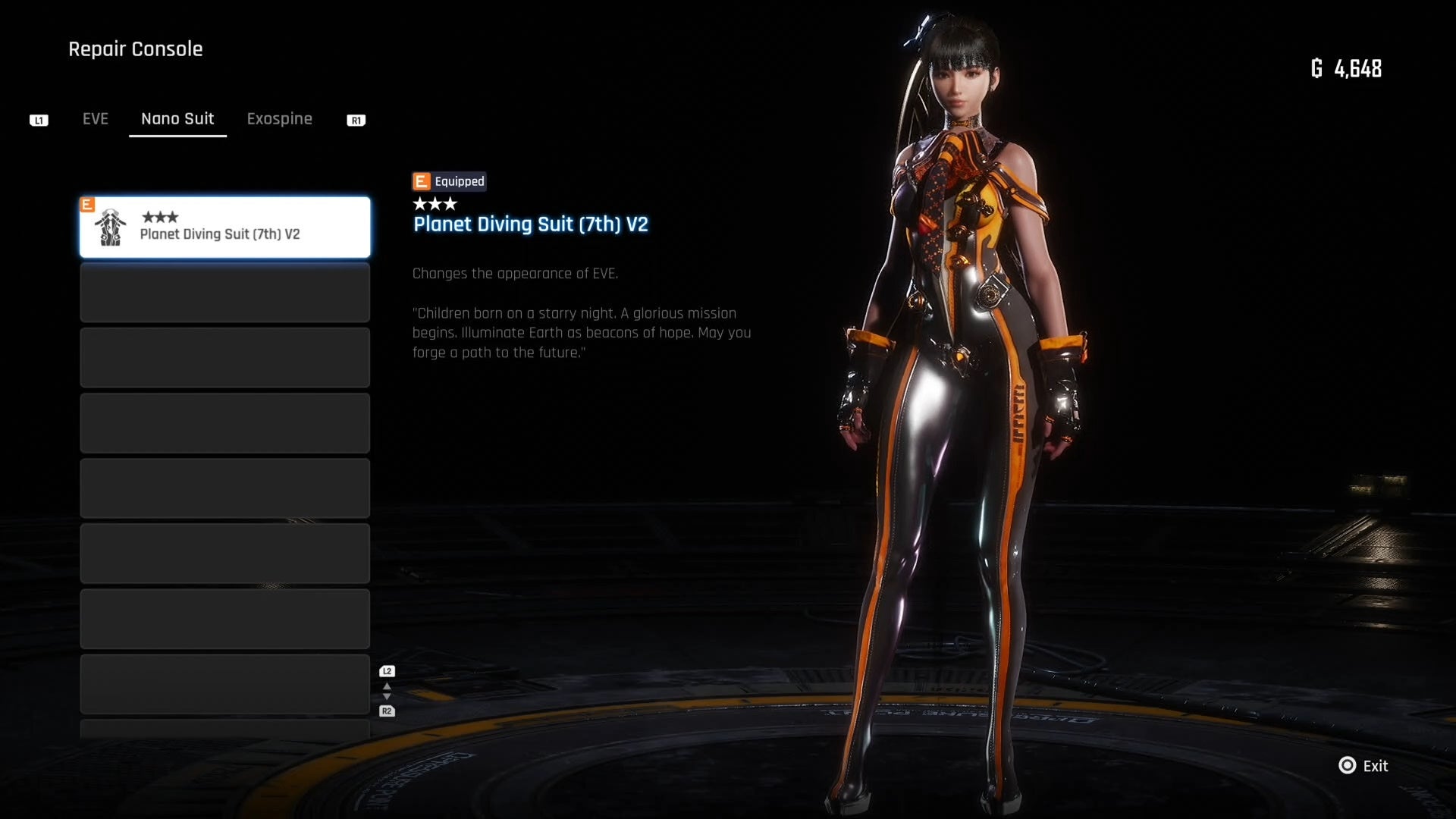 Menu view of Eve&rsquo;s Planet Diving Suit (7th) outfit in Stellar Blade.