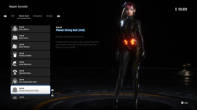 Menu view of Eve's Planet Diving Suit (2nd) outfit in Stellar Blade.