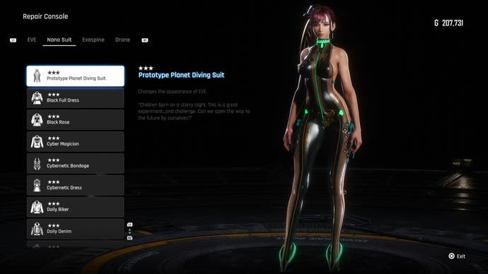 Menu view of Eve's Prototype Planet Diving Suit outfit in Stellar Blade.