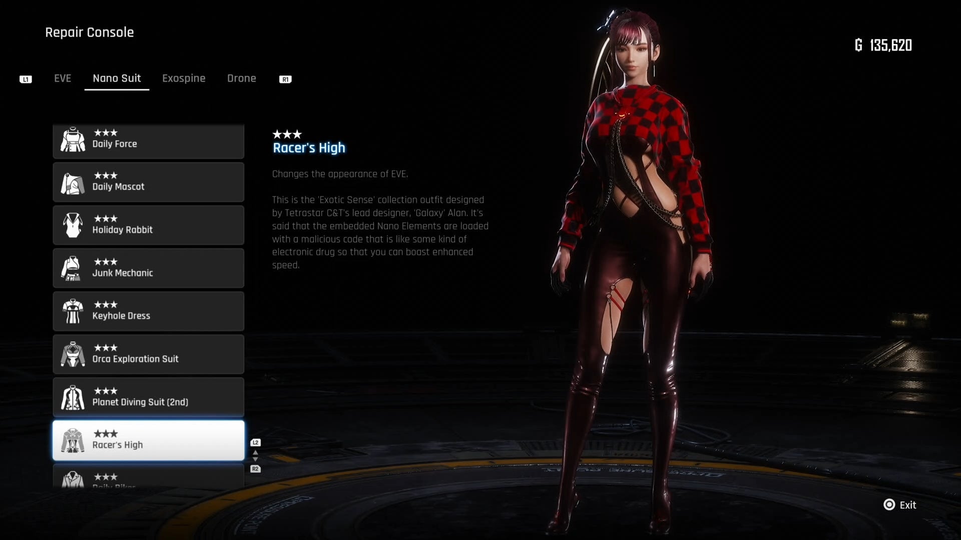 Menu view of Eve&rsquo;s Racer&rsquo;s High outfit in Stellar Blade.