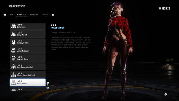 Menu view of Eve's Racer's High outfit in Stellar Blade.